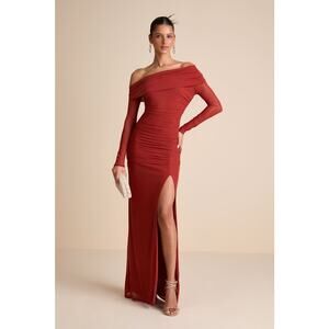NWT Lulus Darla Rust Red Mesh One-Shoulder Long Sleeve Maxi Dress Bridesmaid S